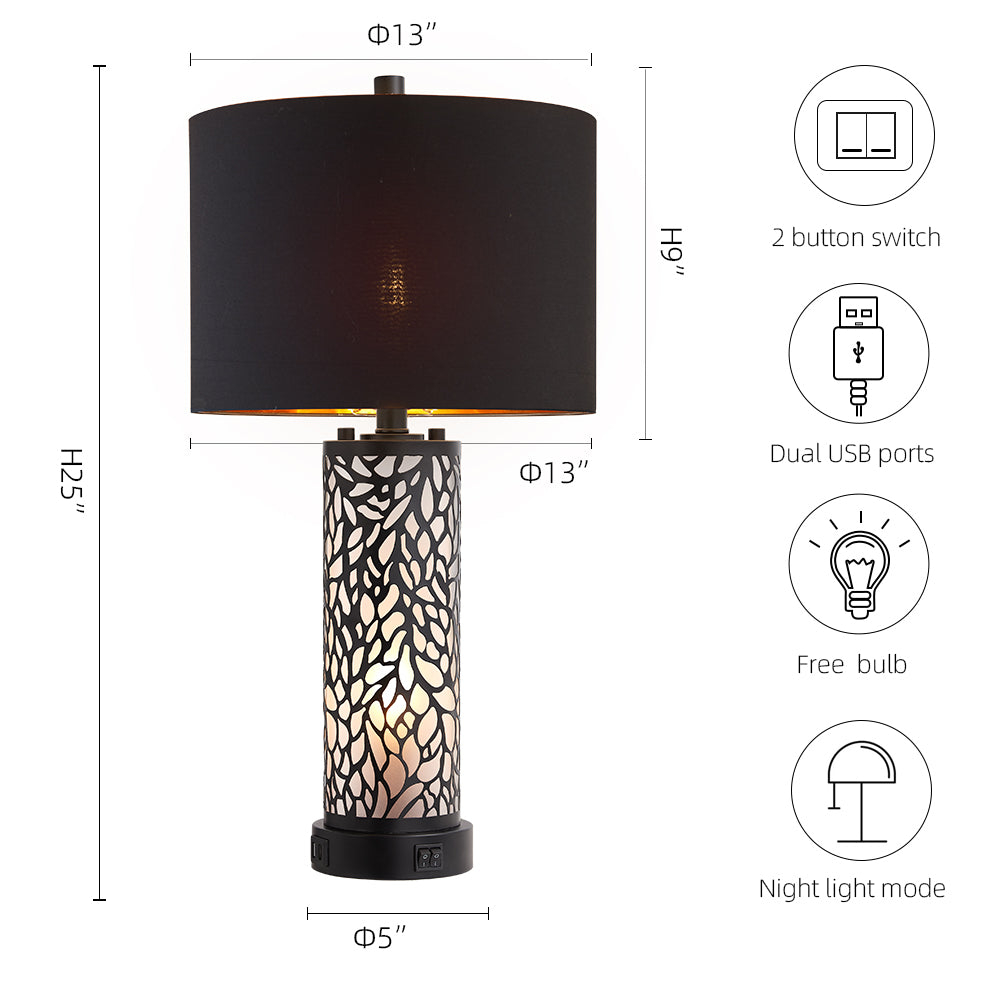 2Pc Geo Sculptural Table Lamps w. Night Light & USB, Black Metal+Glass,  Black Lampshade