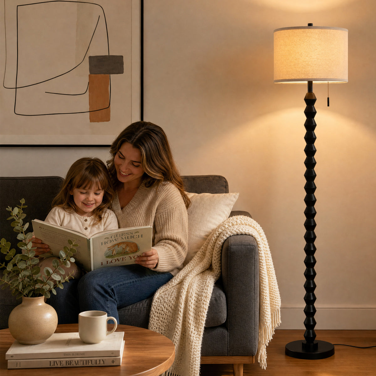 RORIA 65”Black Solid Wood Floor Lamp, with a Round Linen Shade and Pull Cord Switch,modern Standing Lamp,for Living Room, Bedrooms, and Offices（bulb included）