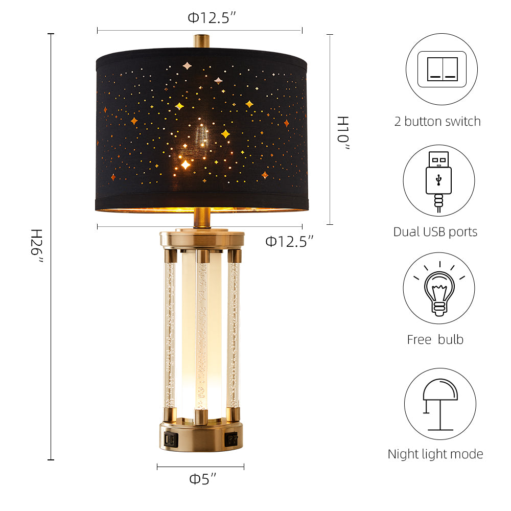 2Pc Fusion Crystal Table Lamps w. Night Light & USB, Nickel Metal+Acrylic, Black Starry Lampshade