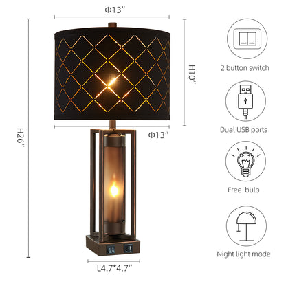 2Pc Dover Castle Table Lamps w. Night Light & USB, Bronze Metal+Glass, Black Grid Lampshade