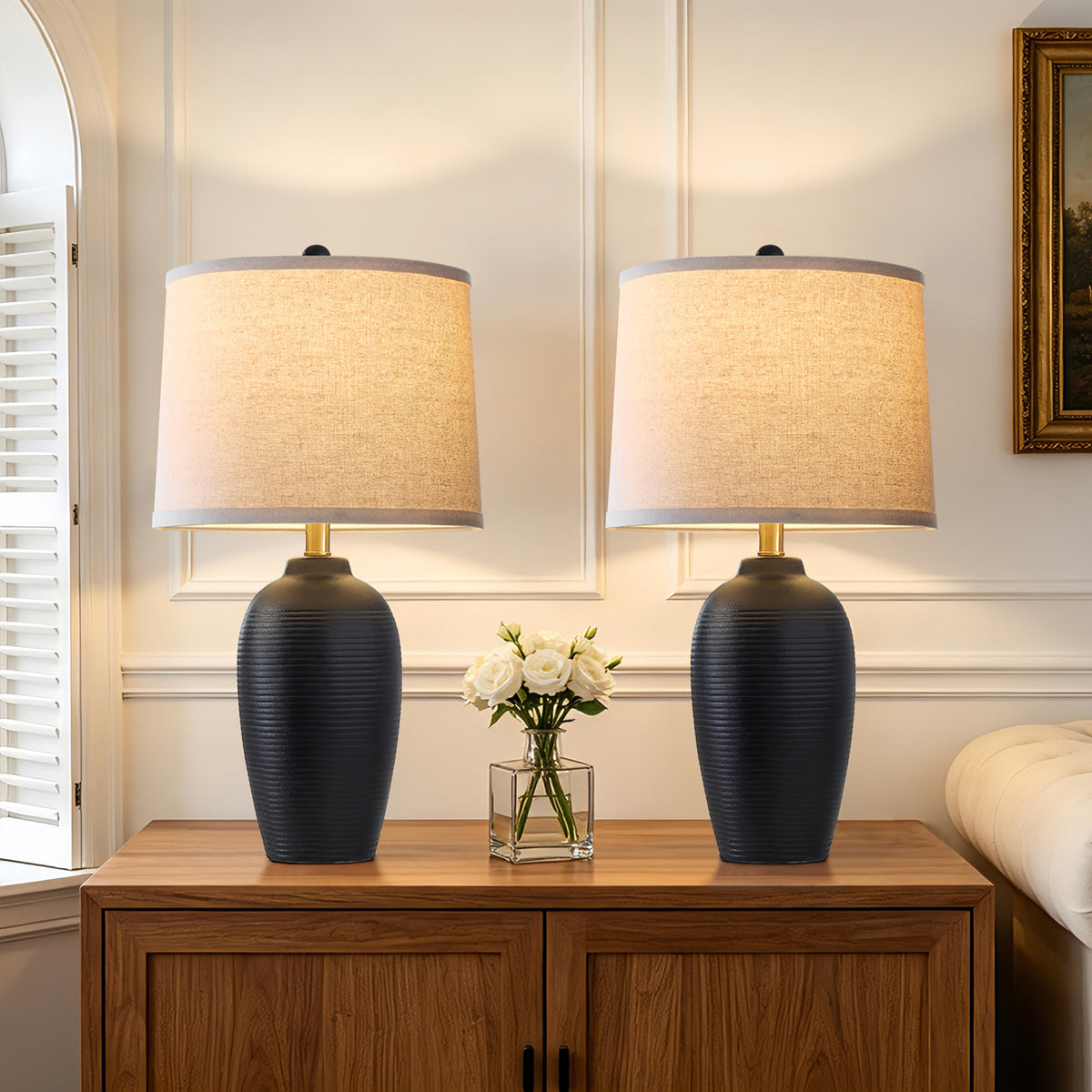 RORIA 25" Black Ceramic Table Lamps Set of 2, Modern-Style Bedside Lamps with Round Linen Shades, for Bedrooms and Living Room.