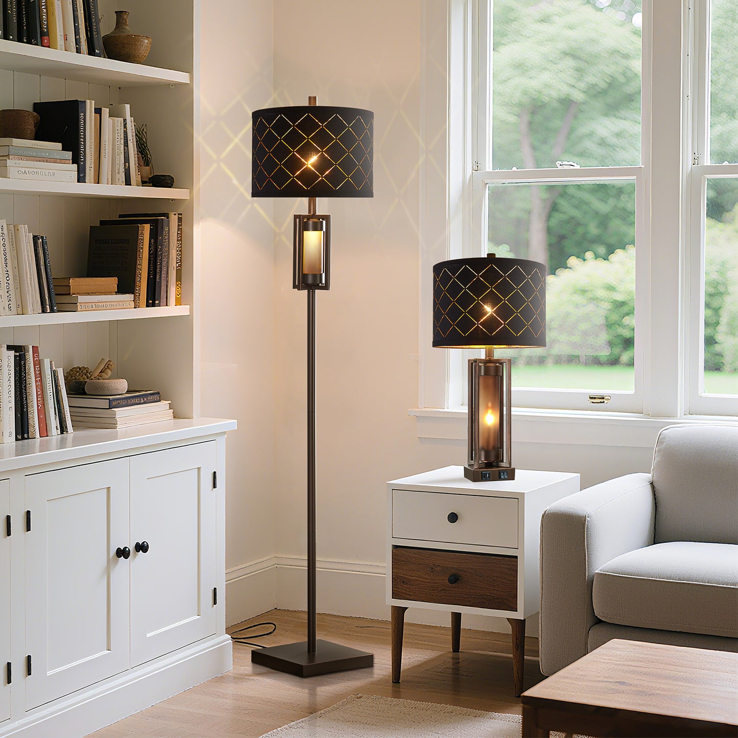 63'' Traditional Floor Lamp With Black Mesh Shade And Smoked Glass Night Light