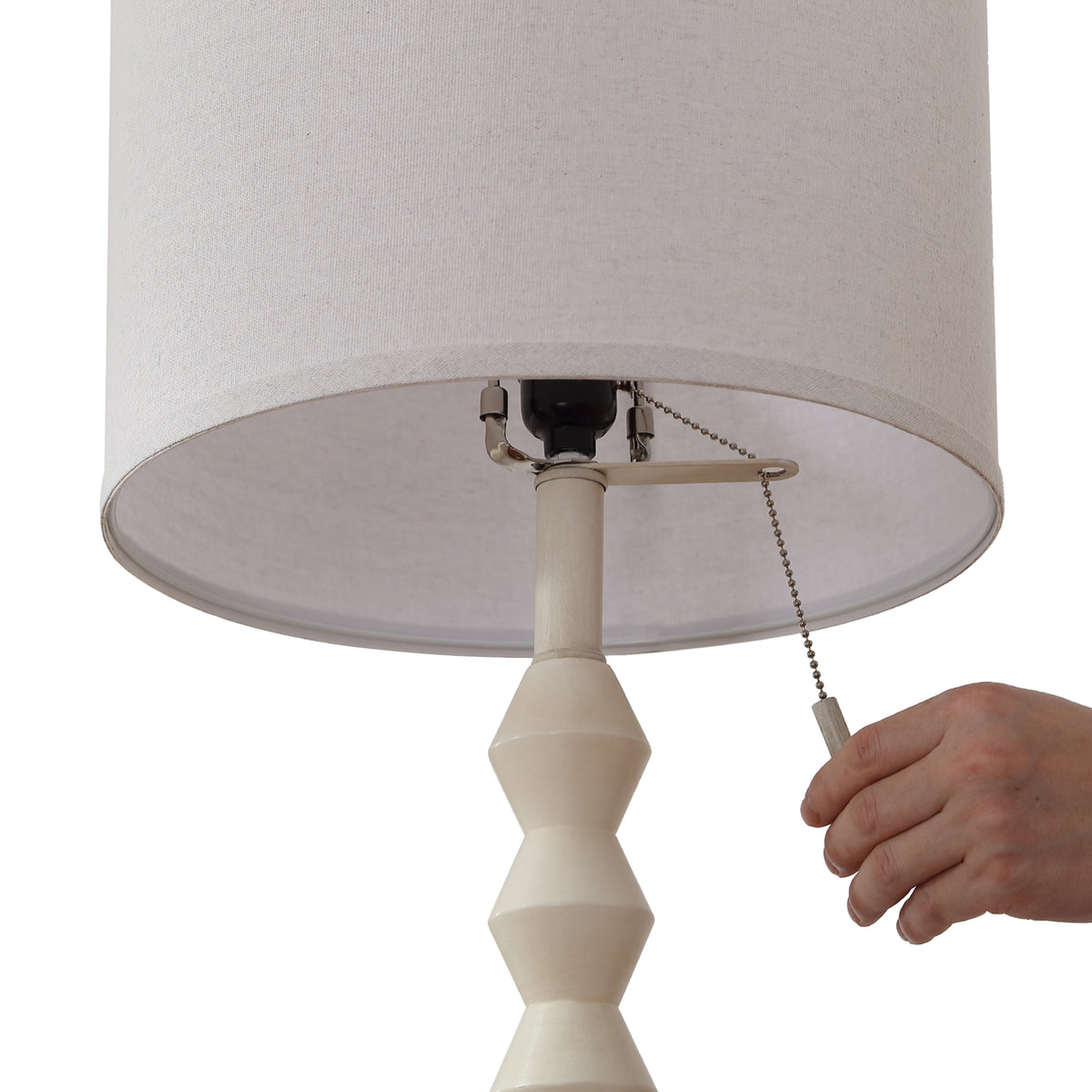 RORIA White Solid Wood Floor Lamp, 65” Modern-Style Standing Lamp, Featuring a Round Linen Shade and a Zip-Pull Switch, for Living Room, Bedrooms, and Offices.