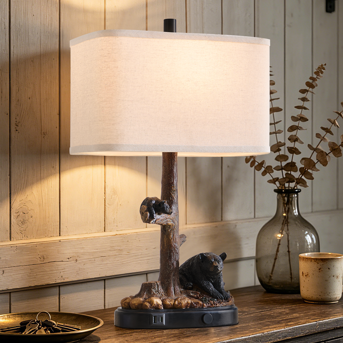 Rohopeto Touch Control Table Lamps,23" Tall,with USB A+C Ports,3 Way Dimmable Nightlight,Bedside Nightstand Lamps,for Bedroom Living Room Vintage Farmhouse Style,Brown Bear Resin(Bulbs Included)