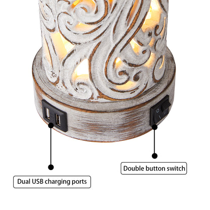 Carved Floral Pillar Table Lamps w. Night Light & USB, Wash White Resin, White Lampshade