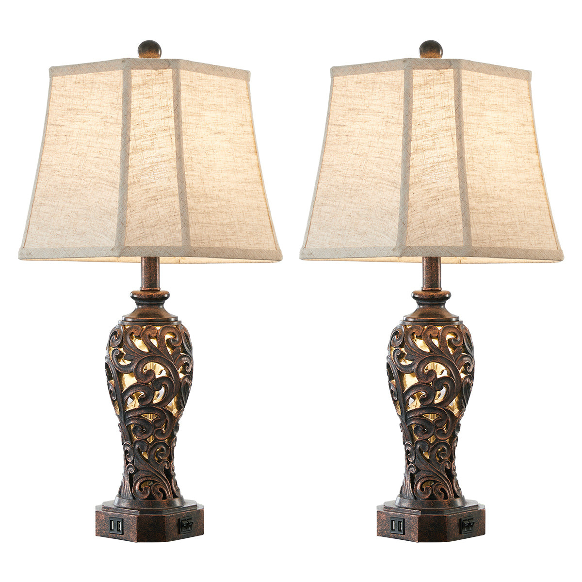 27" Farmhouse Table Lamp Set with USB for Bedroo m or Living Room (Set of 2)