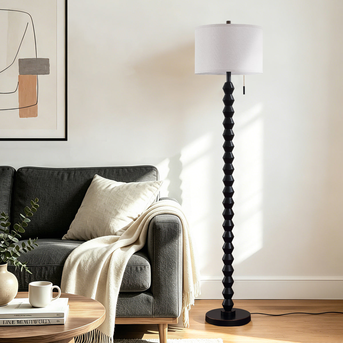 RORIA 65”Black Solid Wood Floor Lamp, with a Round Linen Shade and Pull Cord Switch,modern Standing Lamp,for Living Room, Bedrooms, and Offices（bulb included）