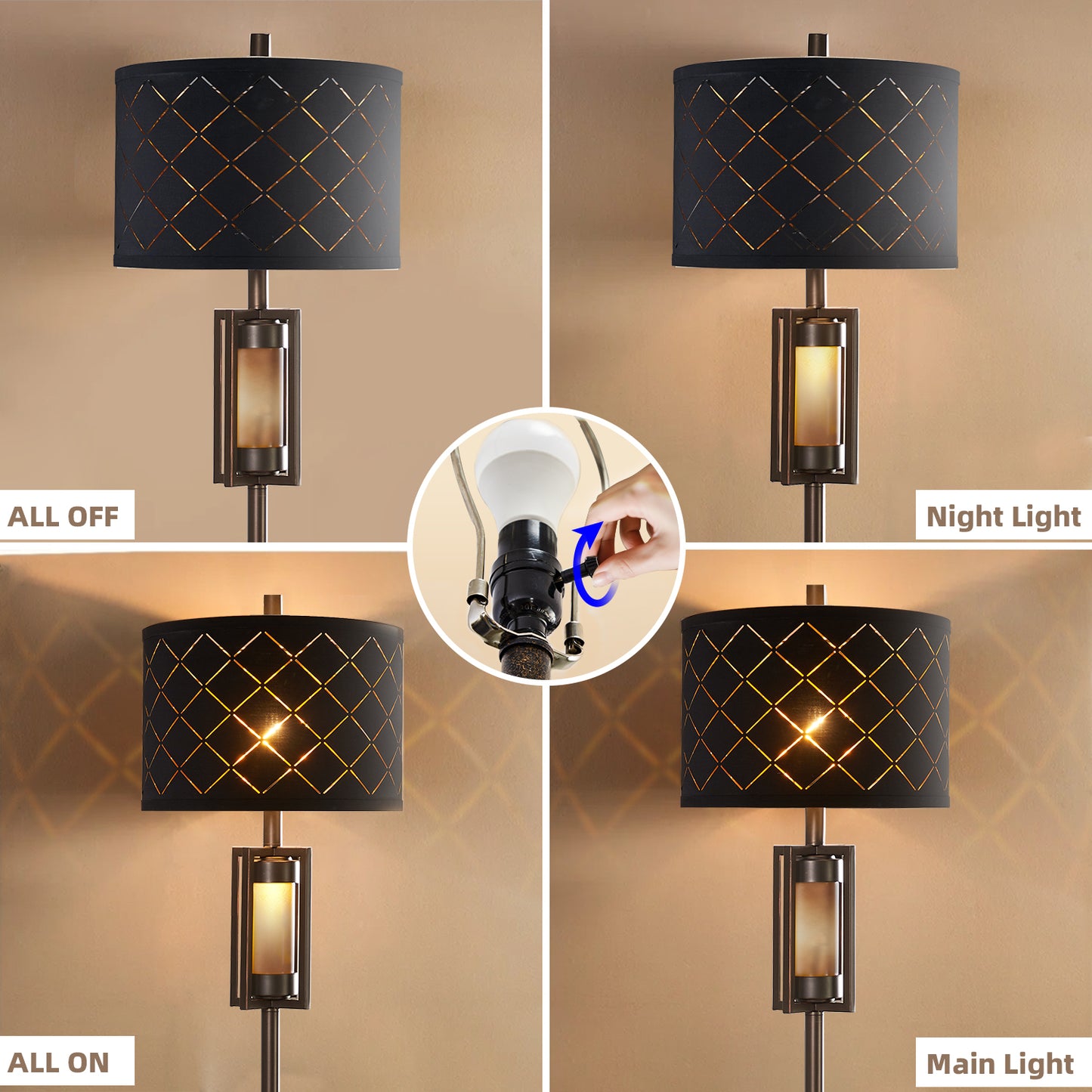 63'' Traditional Floor Lamp With Black Mesh Shade And Smoked Glass Night Light