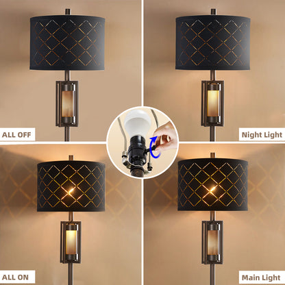 63'' Traditional Floor Lamp With Black Mesh Shade And Smoked Glass Night Light
