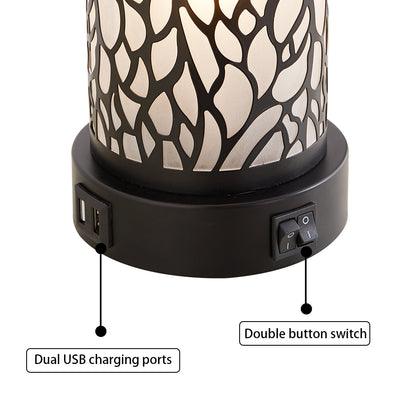 2Pc Geo Sculptural Table Lamps w. Night Light & USB, Black Metal+Glass, Black Lampshade