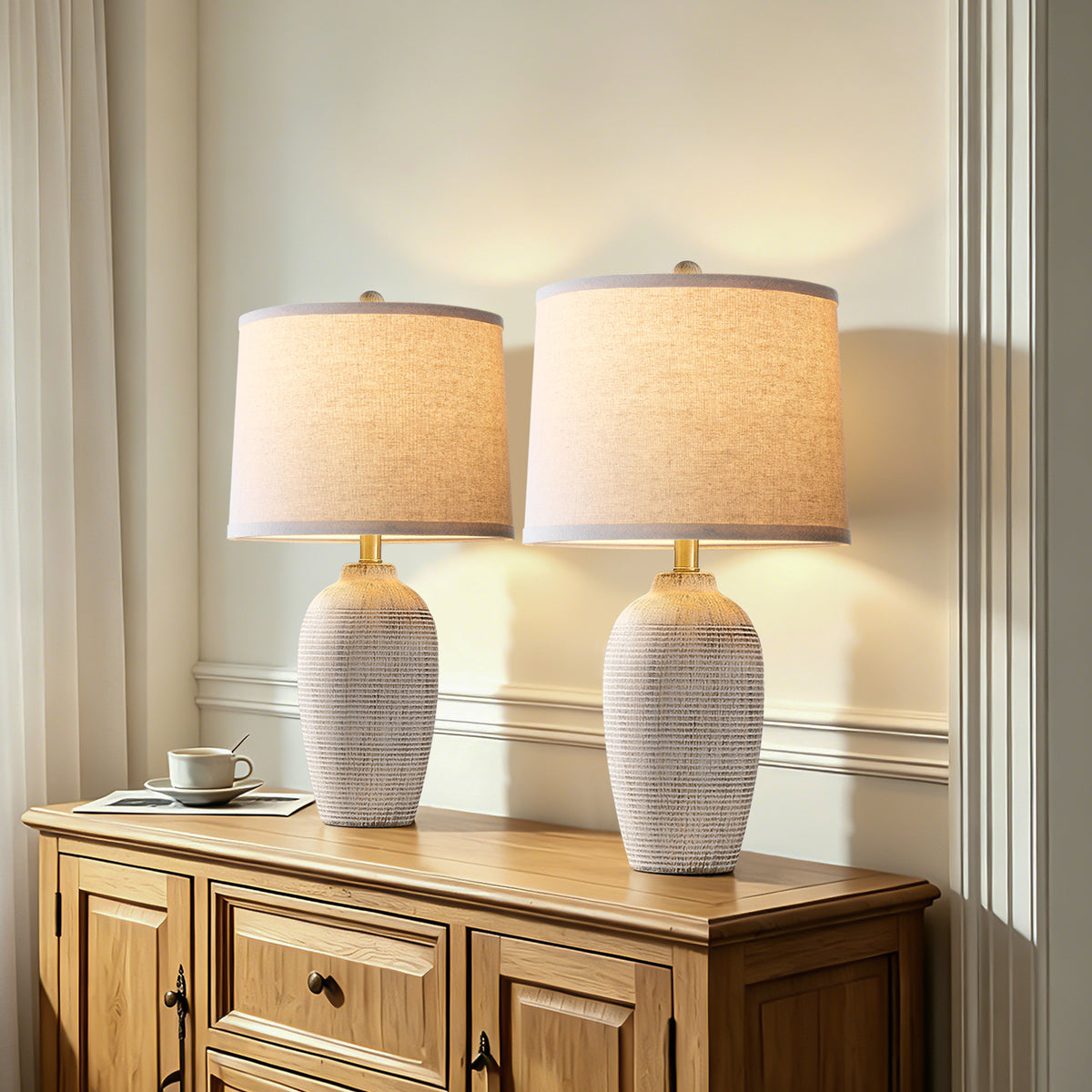RORIA 25" White Ceramic Table Lamps Set of 2, Rustic-Style Bedside Lamps,With Round Linen Shades, for Bedrooms, Living Room, and Offices.