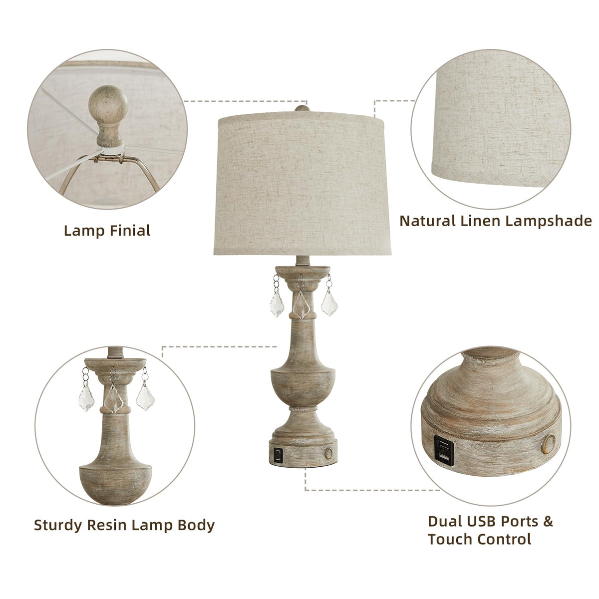 JUJUYUYOP Three-Level Dimmable Table Lamps Set of 2, with Usb Port, 25" Farmhouse-Style Touch Bedside Lamp, Suitable for Living Room, Bedroom, Nightstand(Bulb included)