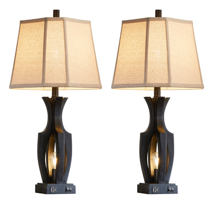 26 "wood grain table lamp with night light and dual USB ports (set of 2)