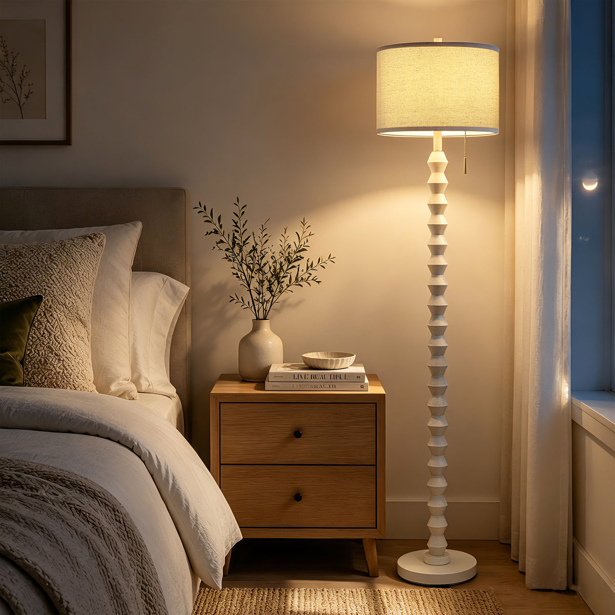 RORIA White Solid Wood Floor Lamp, 65” Modern-Style Standing Lamp, Featuring a Round Linen Shade and a Zip-Pull Switch, for Living Room, Bedrooms, and Offices.