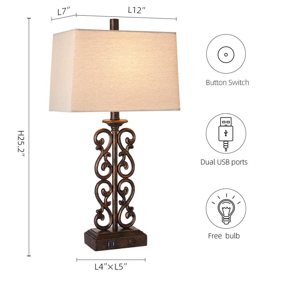 Vinea Table Lamps w. USB, Bronze, White Lampshade