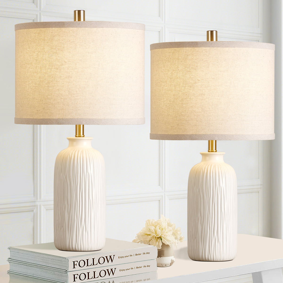 RORIA White Table Lamps Set of 2, 21"Modern Ceramic Bedside Lamps,for the Living Room, Bedroom Nightstands, and Office (Bulbs Included)