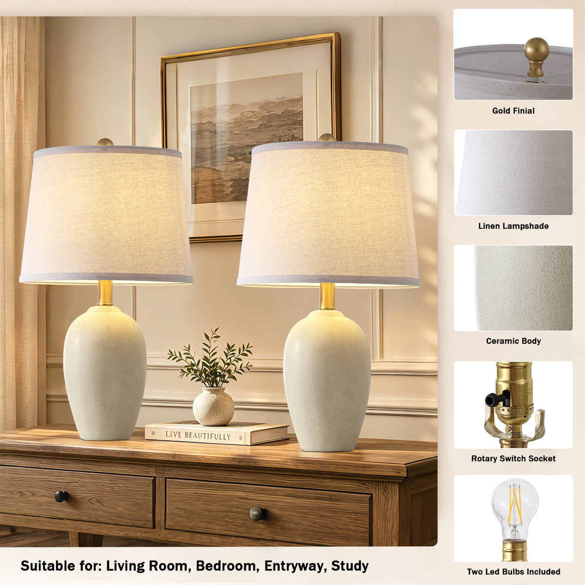 JUJUYUYOP 21" Ceramic Table Lamps Set of 2, for Living Room and Bedrooms， Modern-Style Bedside Table Lamps with Linen Lampshades and Bulbs Included