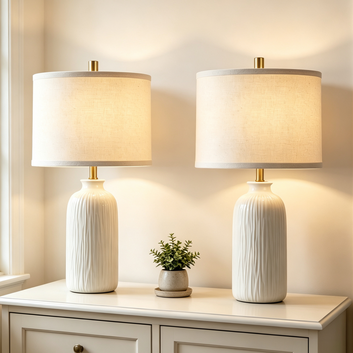 RORIA White Table Lamps Set of 2, 21"Modern Ceramic Bedside Lamps,for the Living Room, Bedroom Nightstands, and Office (Bulbs Included)