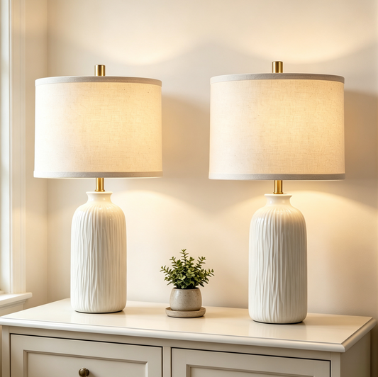 RORIA White Table Lamps Set of 2, 21"Modern Ceramic Bedside Lamps,for the Living Room, Bedroom Nightstands, and Office (Bulbs Included)