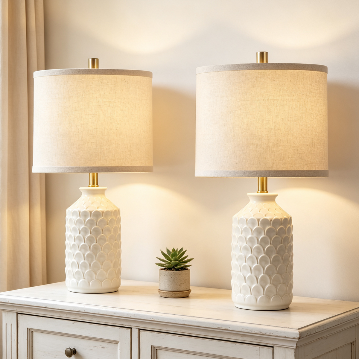 RORIA 21” Ceramic Table Lamps Set of 2,Modern White Bedside Lamps,for the Living Room or Bedroom Nightstands (Bulbs Included)