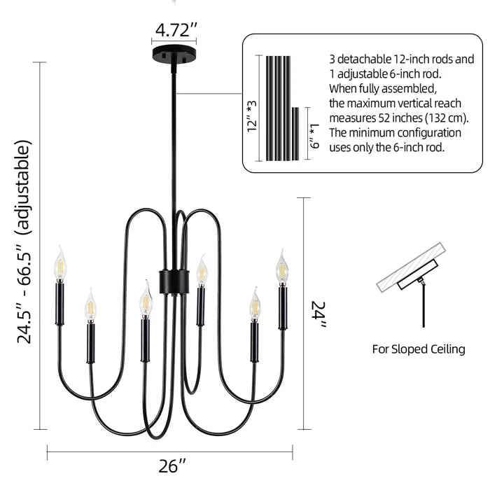 6-Light Classic Farmhouse Candle Chandelier with Adjustable Chain – Height Adapts to 8-12ft Ceilings