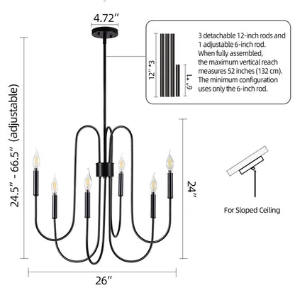 6-Light Classic Farmhouse Candle Chandelier with Adjustable Chain – Height Adapts to 8-12ft Ceilings