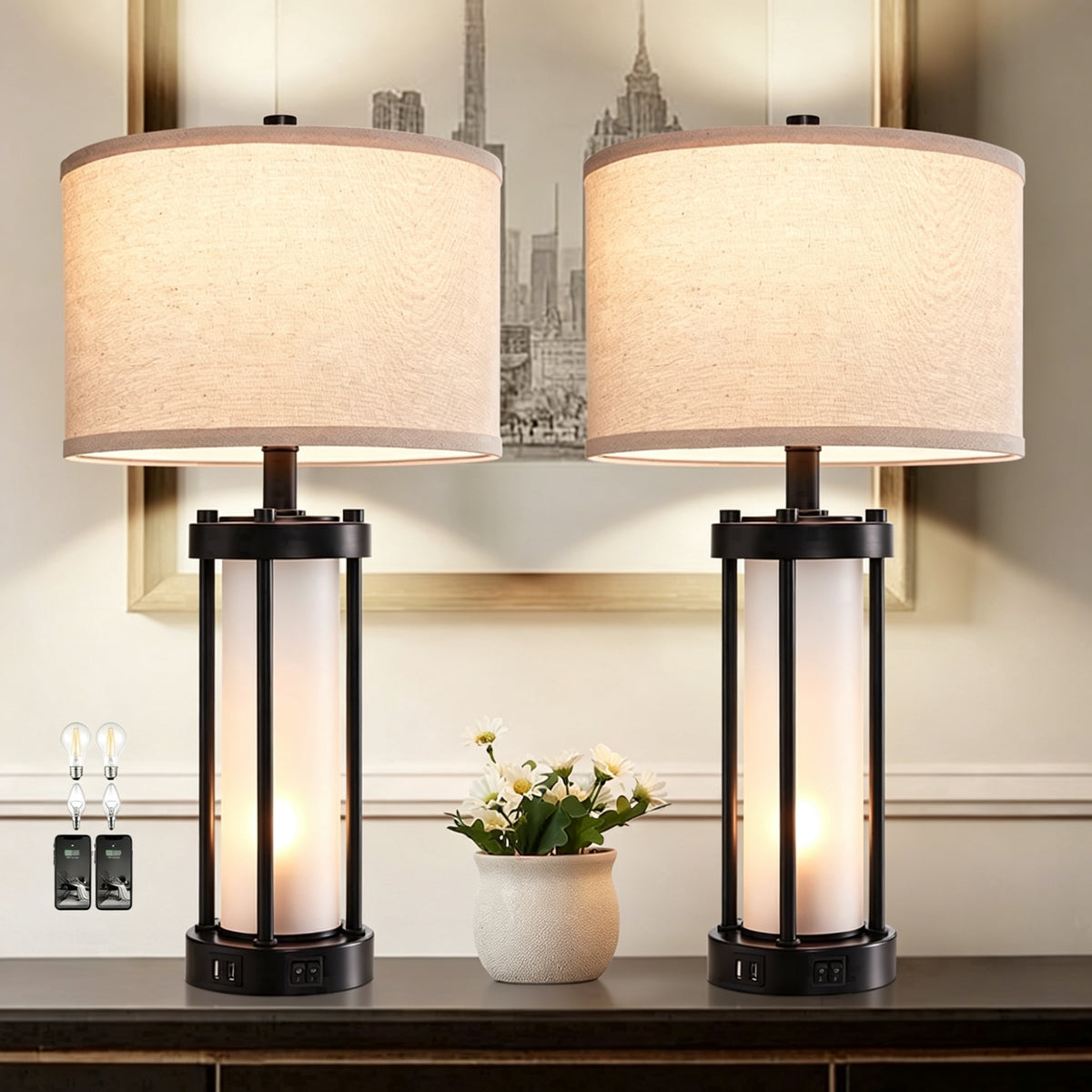 RORIA 24"Modern Living Room Table Lamps Set of 2, with Dual USB-C&A Charging Ports, Built-in Frosted White Glass Night Light, Black Retro Country Farmhouse Style, for Bedroom Bedside Lamps