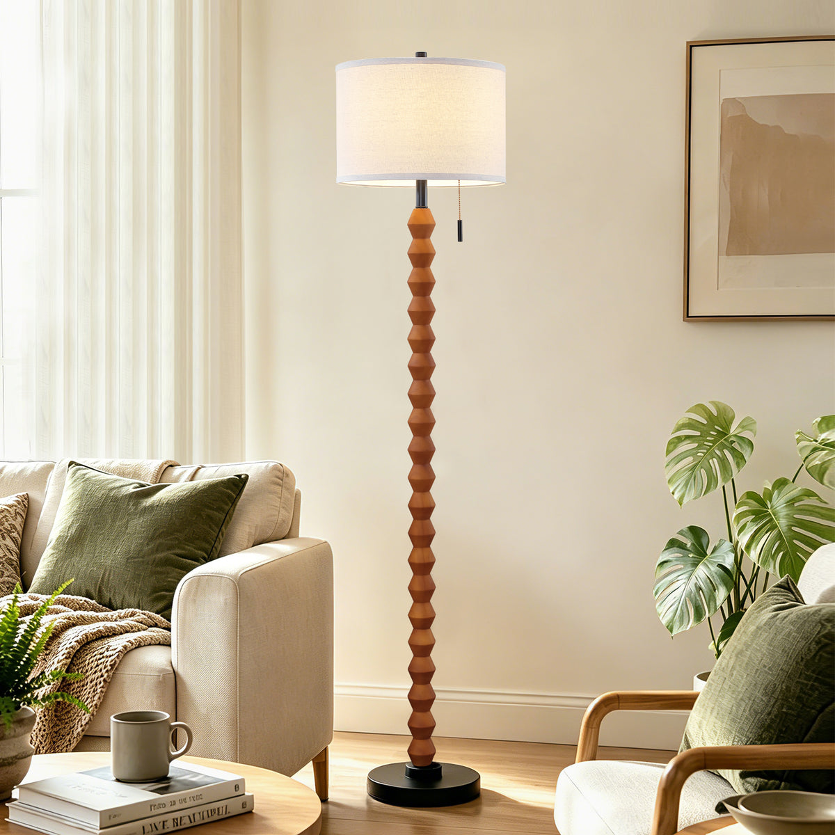 RORIA 65" Solid Wood Floor Lamp, With a Pull Chain Switch,Modern-Style Standing Lamp, for Living Room, Bedrooms, and Offices.