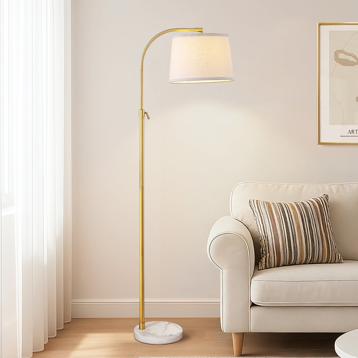 RORIA Modern Gold Floor Lamps,54-64” Height Adjustable Curved Standing Lamp,With a Linen Shade, for Bedrooms, Living Room, and Offices