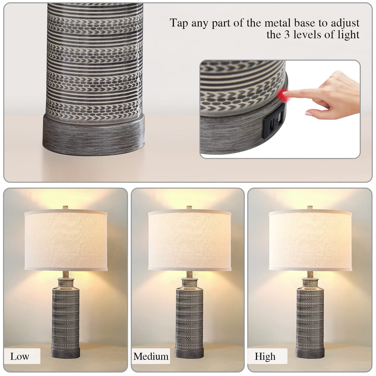 JUJUYUYOP 3 Way Dimmable Touch Ceramic Table Lamp Set of 2, with USB Port, 24"Farmhouse-Style Bedside Lamp, Suitable for Bedrooms and Living Rooms (Bulbs Included)