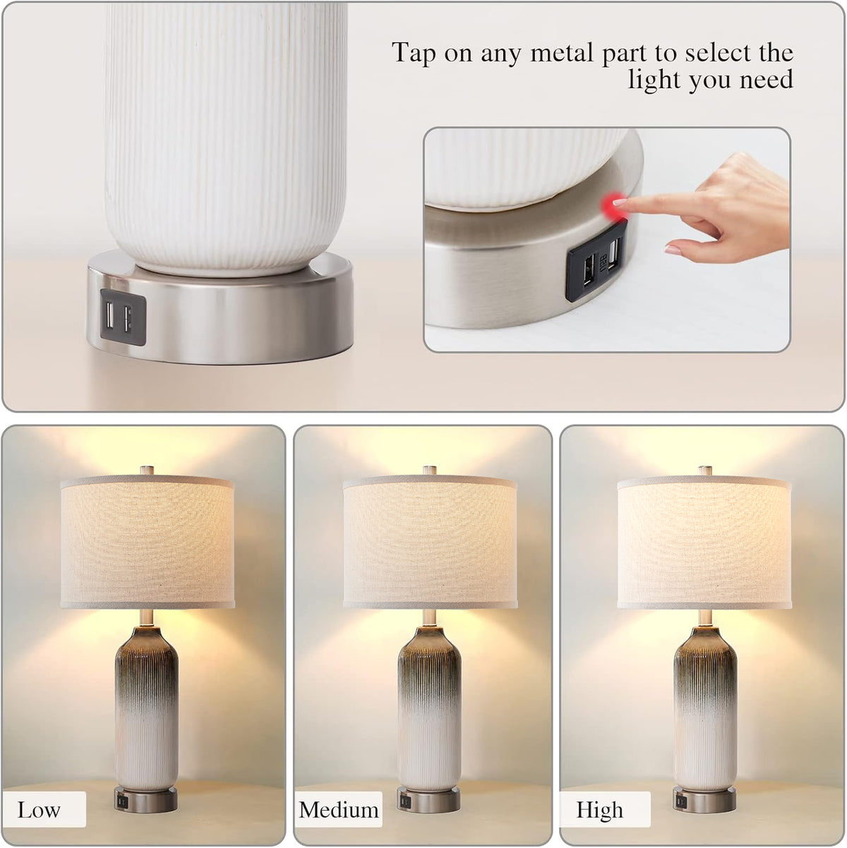 JUJUYUYOP 3 Way Dimmable Ceramic Table Lamps Set of 2 with Dual USB Ports, 25.5" Touch-Control Modern Bedside Lamp, for Bedrooms and Living Rooms (Bulb Included)