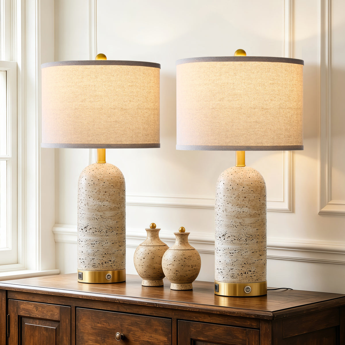 RORIA 25" Modern Resin Table Lamps Set of 2,for Bedrooms and Living Room, Featuring USB-A&C Charging Ports,Touch-Control 3-Level Dimming Bedside Lamp