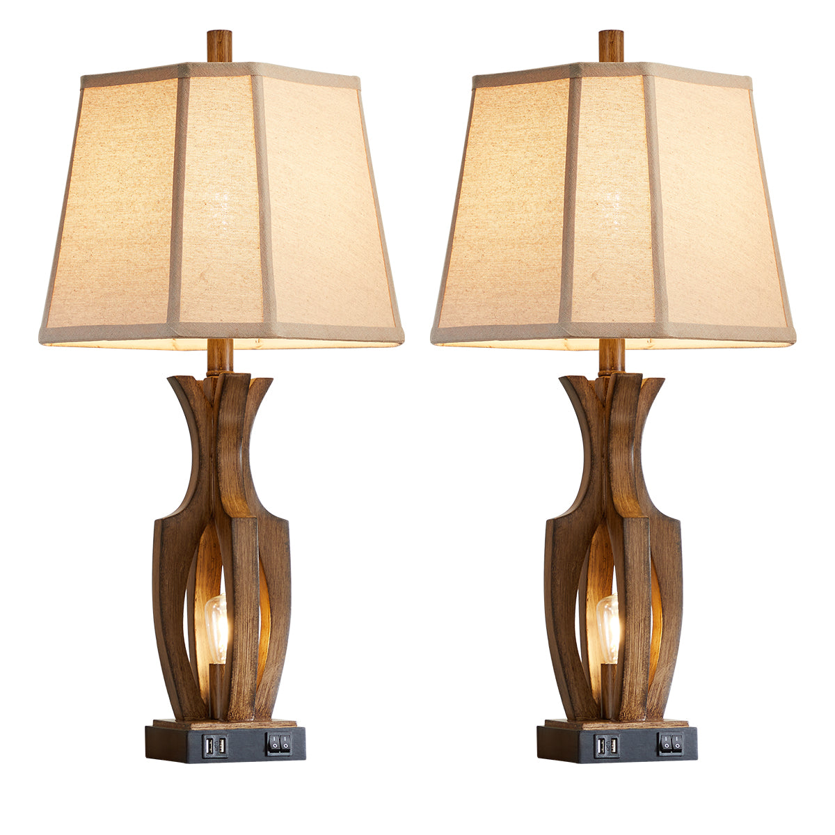 26 "wood grain table lamp with night light and dual USB ports (set of 2)