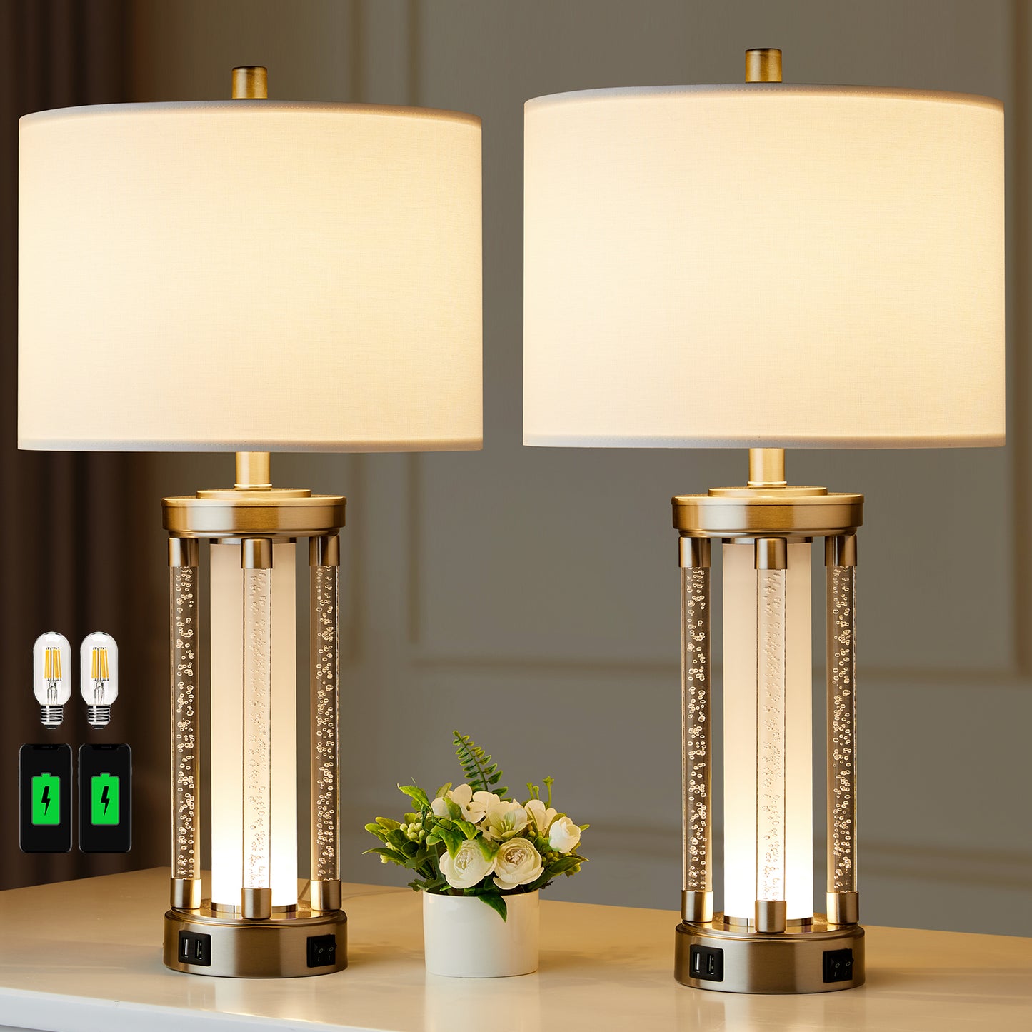 Bubble Pillar Table Lamp Set (Set of 2) w. USB Ports and NIght Lights