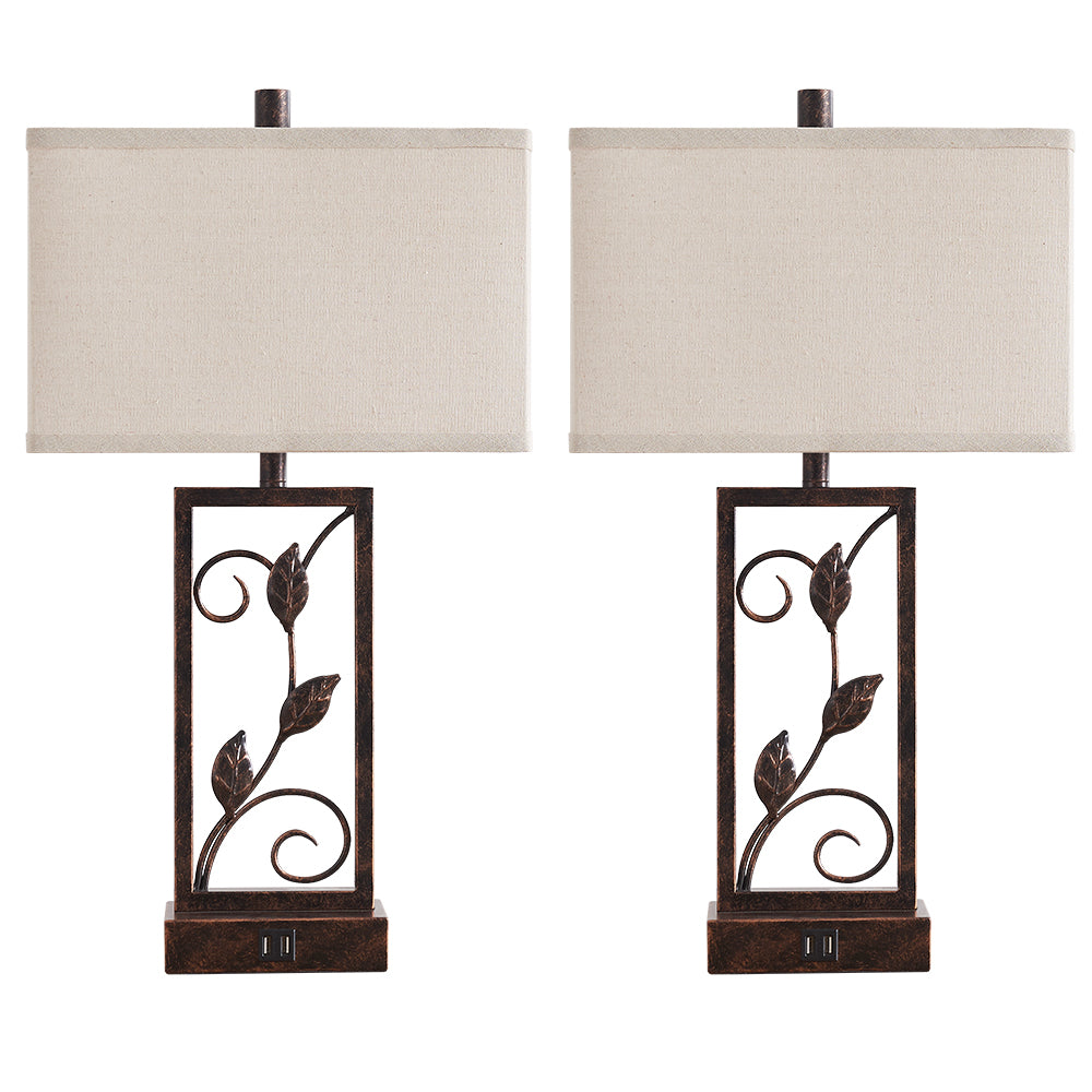 2Pc Folia Sculptural Table Lamps w. USB, Bronze Metal, White Lampshade