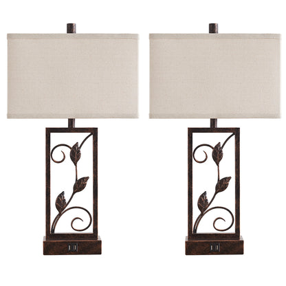 2Pc Folia Sculptural Table Lamps w. USB, Bronze Metal, White Lampshade