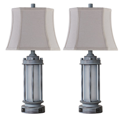 2Pc Belvoir Castle Table Lamps w. Night Light & USB, Gray Wash Metal+Glass, White Lampshade