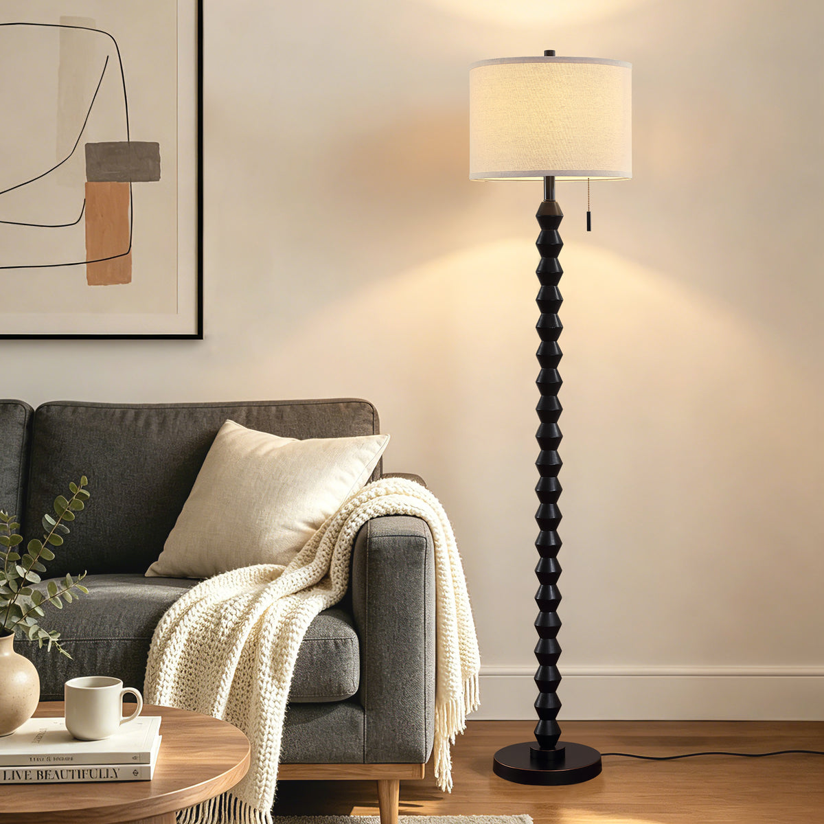 RORIA 65”Black Solid Wood Floor Lamp, with a Round Linen Shade and Pull Cord Switch,modern Standing Lamp,for Living Room, Bedrooms, and Offices（bulb included）
