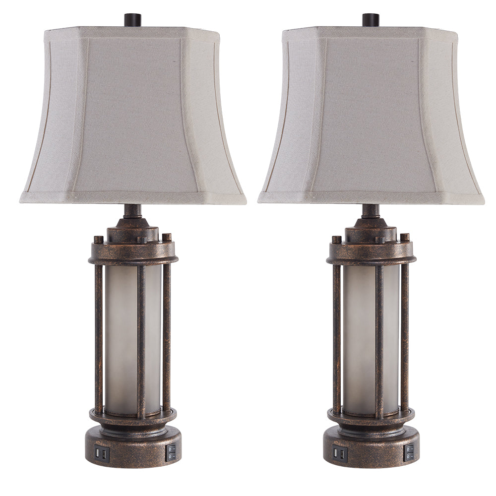 2Pc Belvoir Castle Table Lamps w. Night Light & USB, Bronze Metal+Glass, White Lampshade