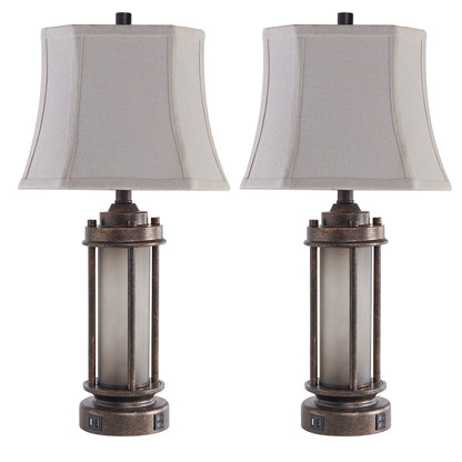 2Pc Belvoir Castle Table Lamps w. Night Light & USB, Bronze Metal+Glass, White Lampshade