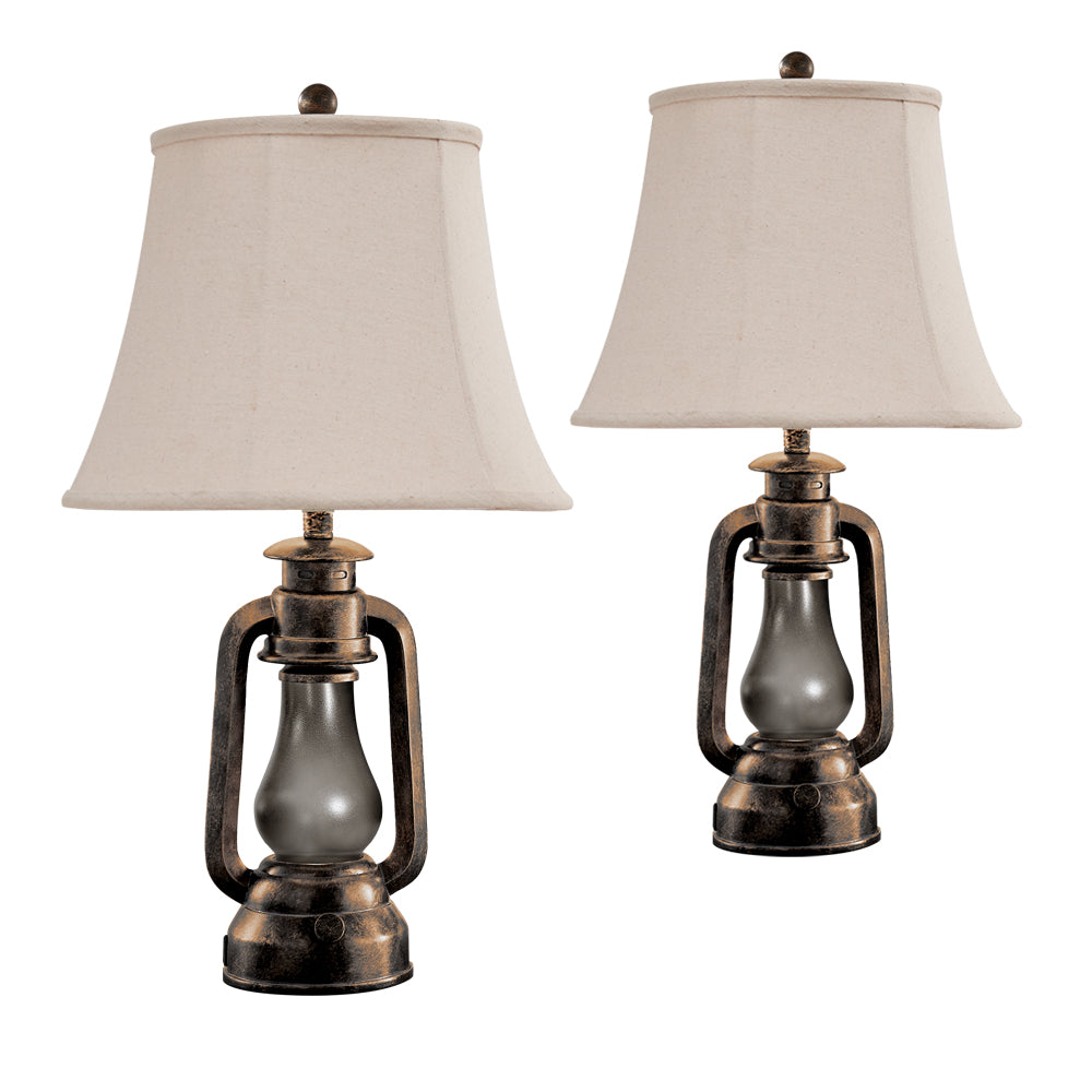 2Pc Kero Lantern Table Lamps w. Night Light & USB, Bronze Resin+Glass, White Lampshade