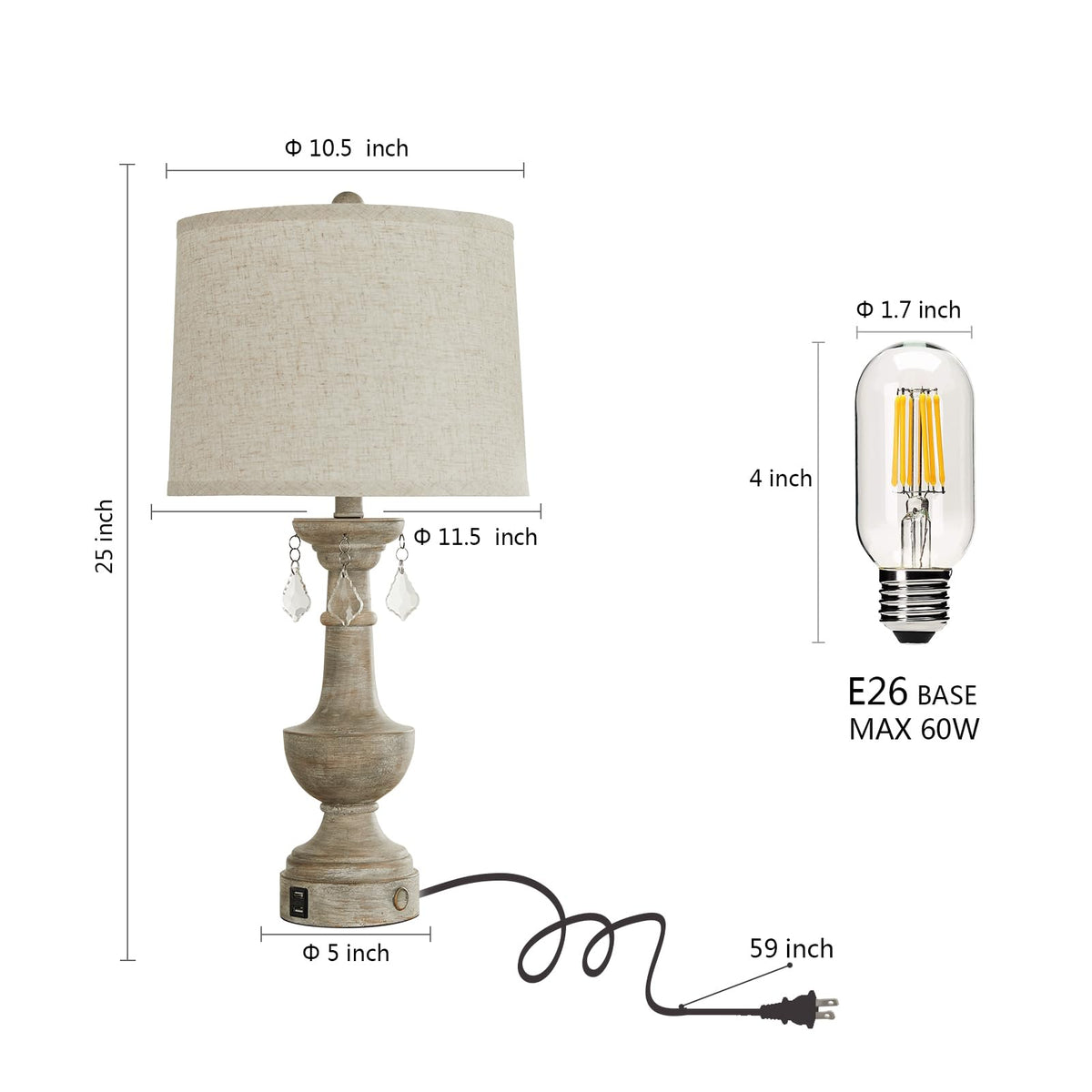 JUJUYUYOP Three-Level Dimmable Table Lamps Set of 2, with Usb Port, 25" Farmhouse-Style Touch Bedside Lamp, Suitable for Living Room, Bedroom, Nightstand(Bulb included)