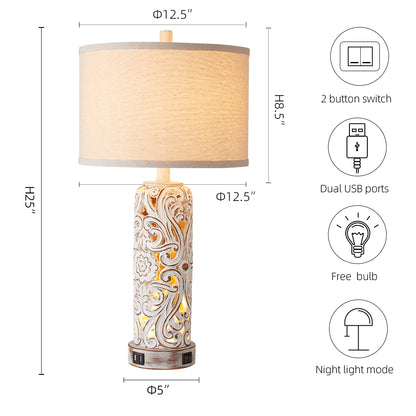 Carved Floral Pillar Table Lamps w. Night Light & USB, Wash White Resin, White Lampshade