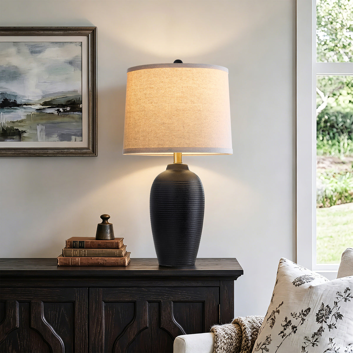 RORIA 25" Black Ceramic Table Lamps Set of 2, Modern-Style Bedside Lamps with Round Linen Shades, for Bedrooms and Living Room.