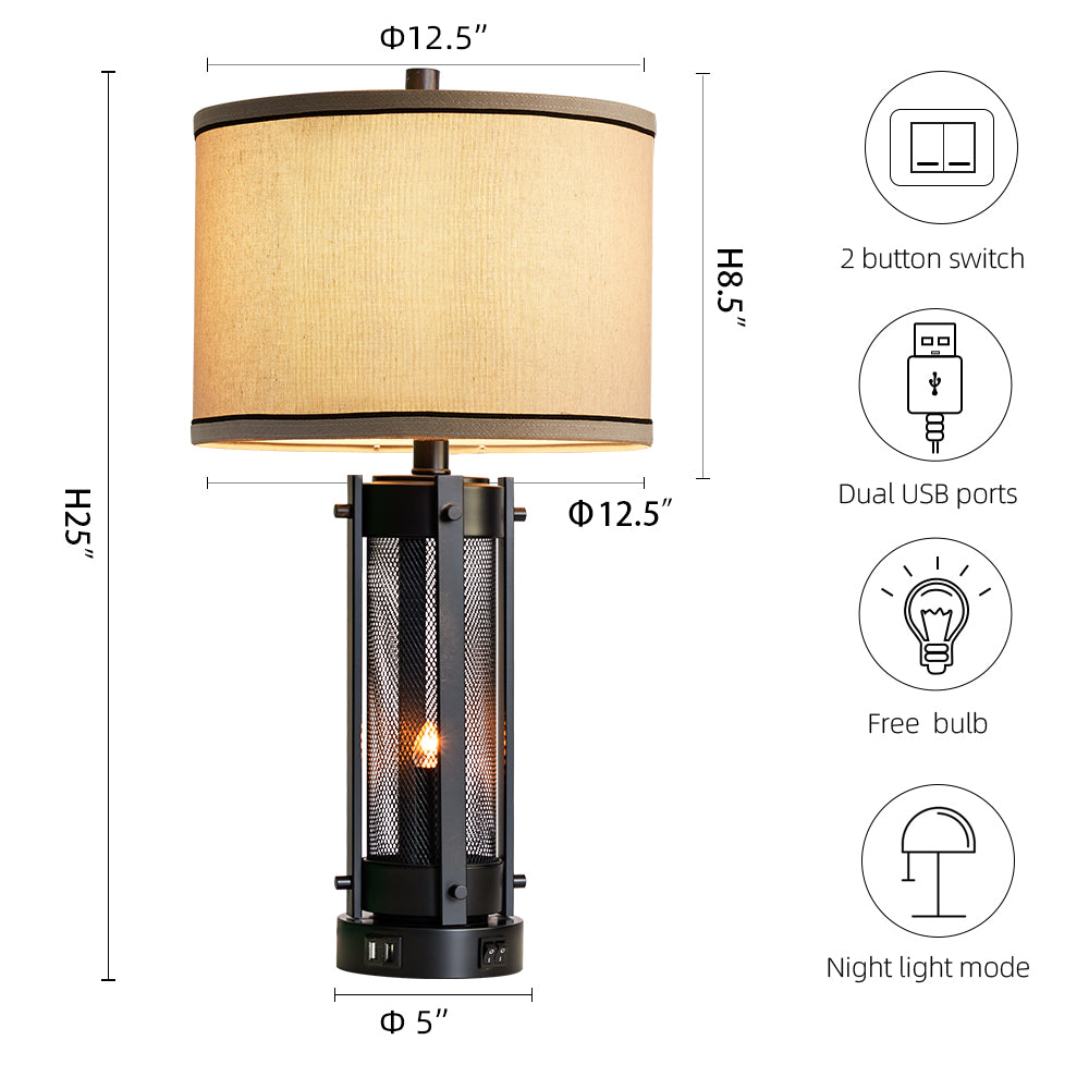 Rohopeto 25"Table Lamps Set of 2 with 2 USB Ports Black Industrial Style Double Switch Bedside Lamps for Living Room Bedroom,Nightlight (Bulbs Included)