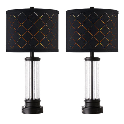 2Pc Diving Crystal Table Lamps w. Night Light & USB, Black Metal+Glass, Black Grid Lampshade