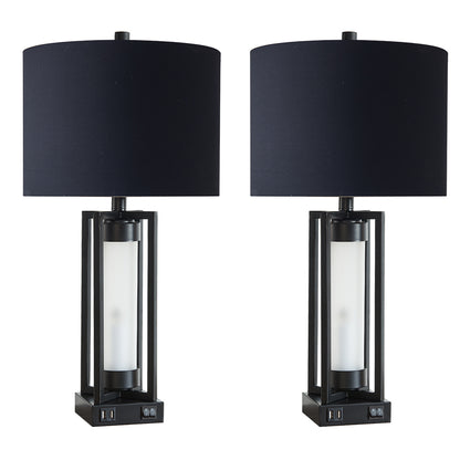 2Pc Dover Castle Table Lamps w. Night Light & USB, Black Metal+Glass, Black Lampshade