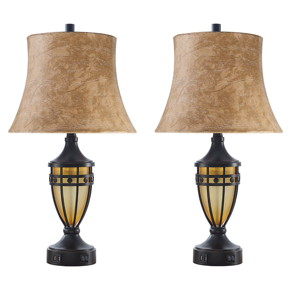 2Pc Crown Lantern Urn Table Lamps w. Night Light & USB, Bronze Metal+Glass, Faux Sheepskin Lampshade