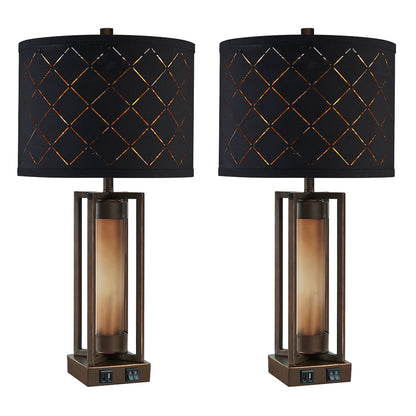 2Pc Dover Castle Table Lamps w. Night Light & USB, Bronze Metal+Glass, Black Grid Lampshade