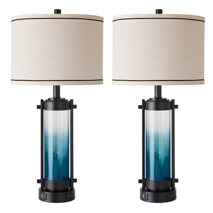 Ocean Castle Table Lamps w. Night Lights & USB, Gradient Blue, Set of 2